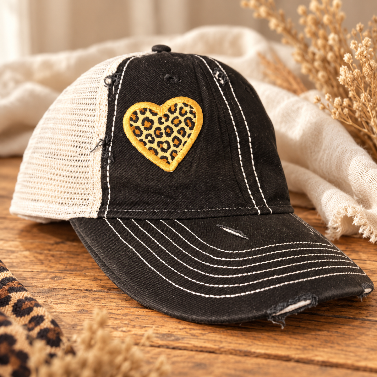 Black Signature Leopard Heart Trucker Hat