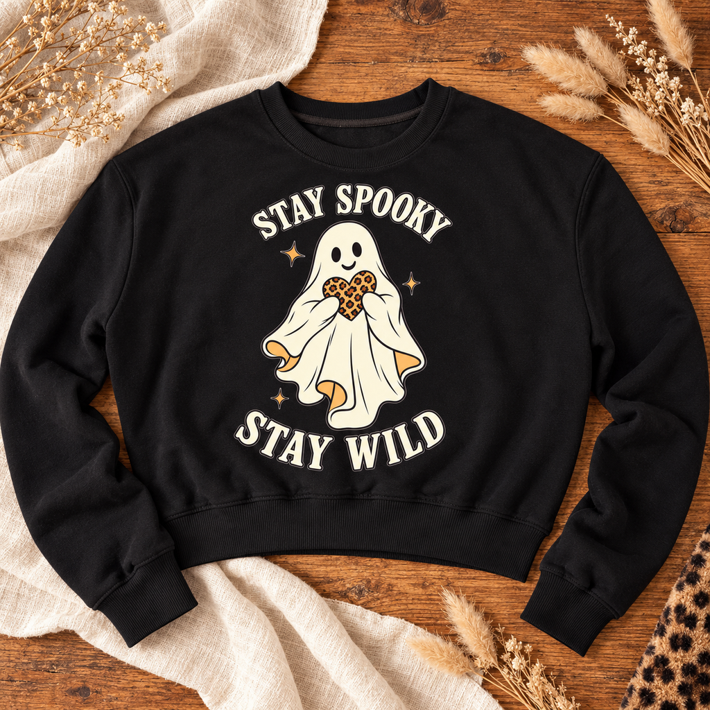 Black Stay Spooky Stay Wild Cropped Crewneck Sweatshirt