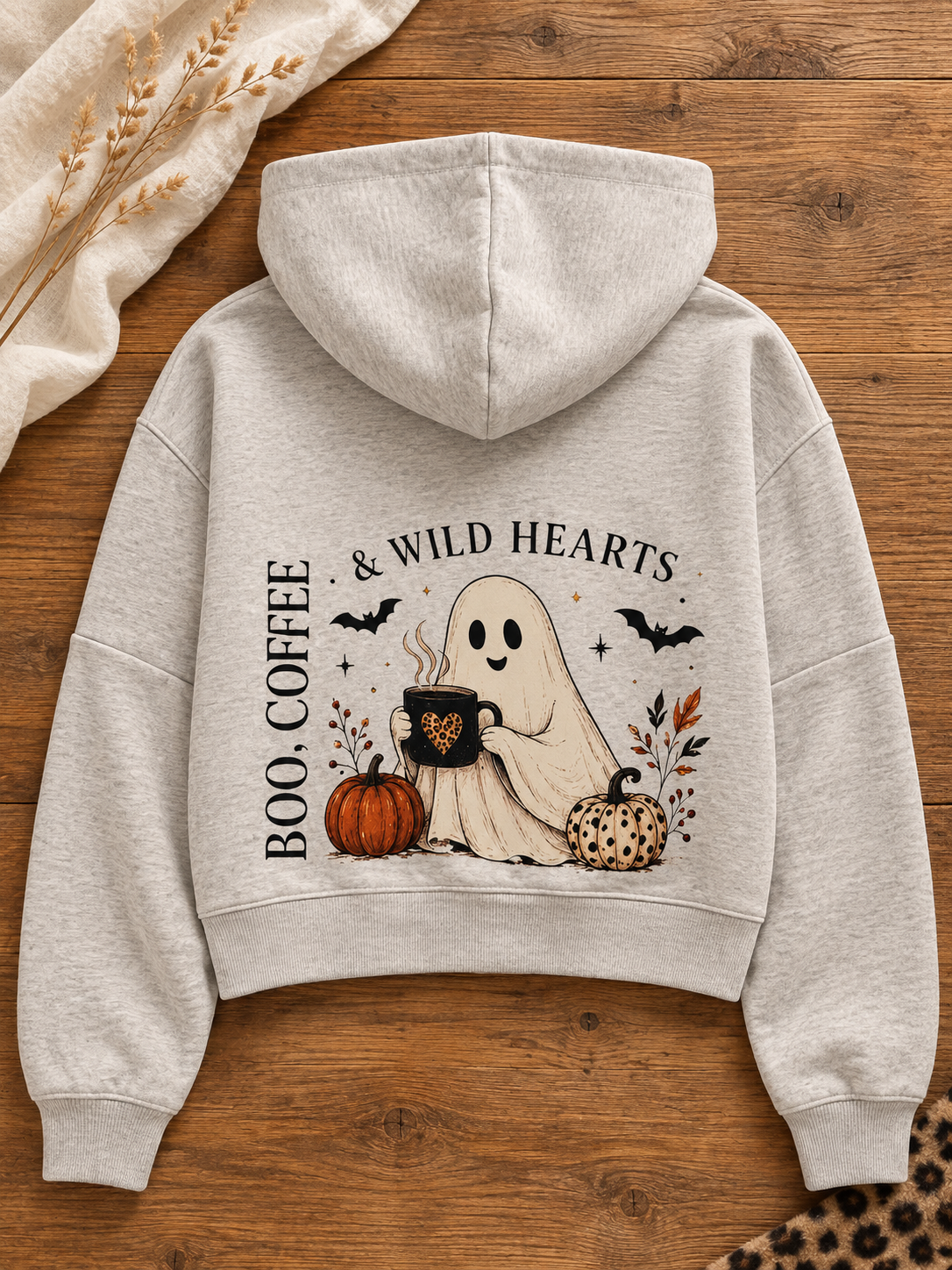 Oatmeal Boo, Coffee & Wild Hearts Cropped Zip Hoodie