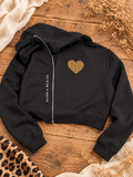 Black Signature Leopard Heart Cropped Zip Hoodie
