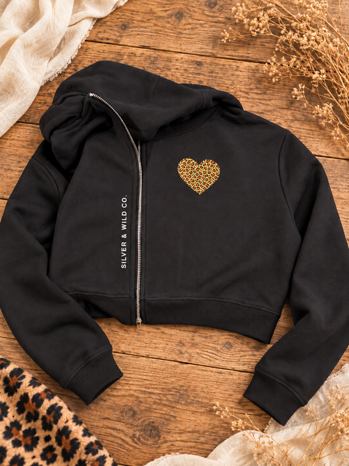 Black Midnight Wild Cropped Zip Hoodie