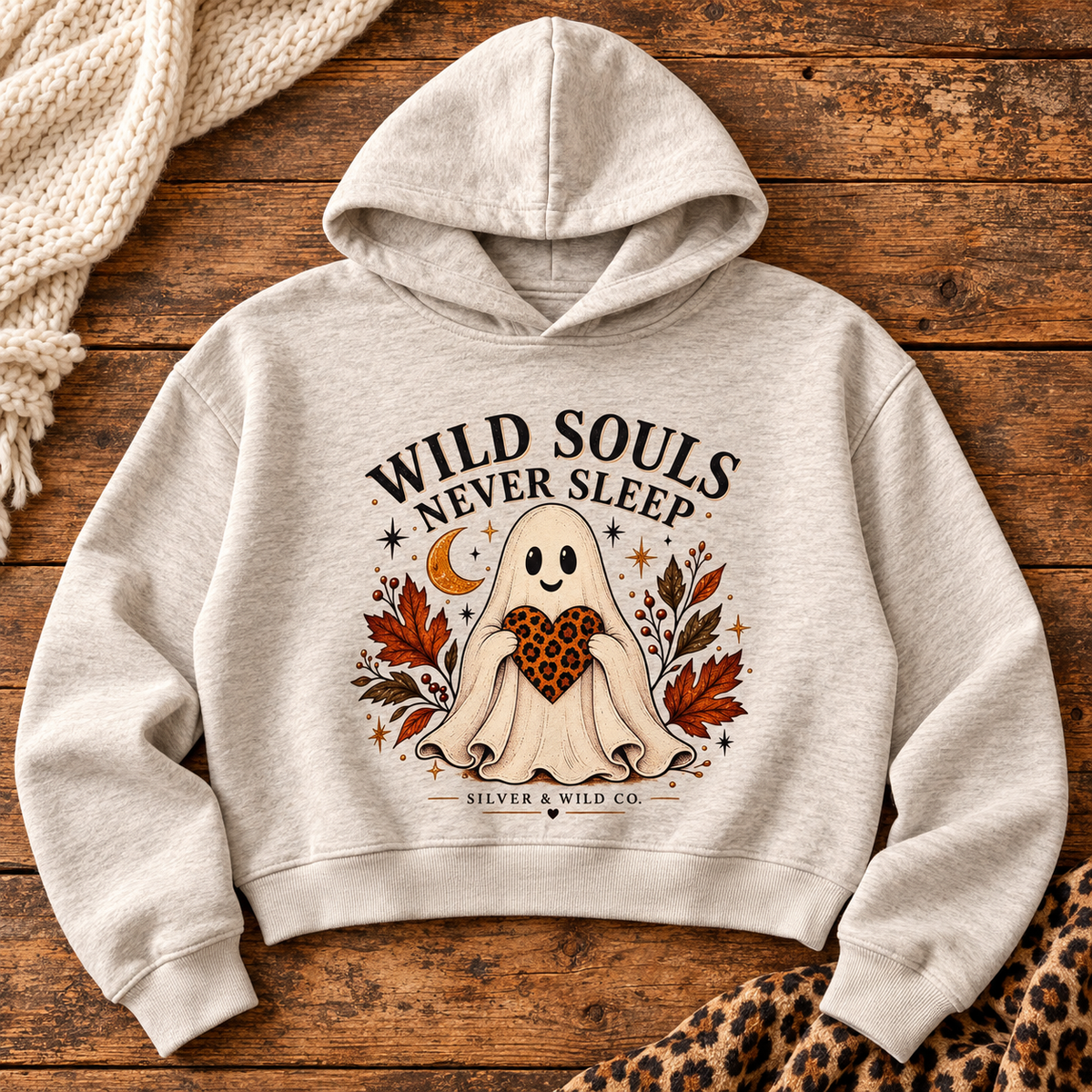 Oatmeal Wild Souls Autumn Ghost Cropped Zip Hoodie